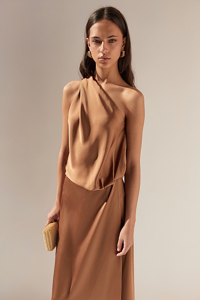 Midi satin asymmetric dress with one shoulder - Gold label