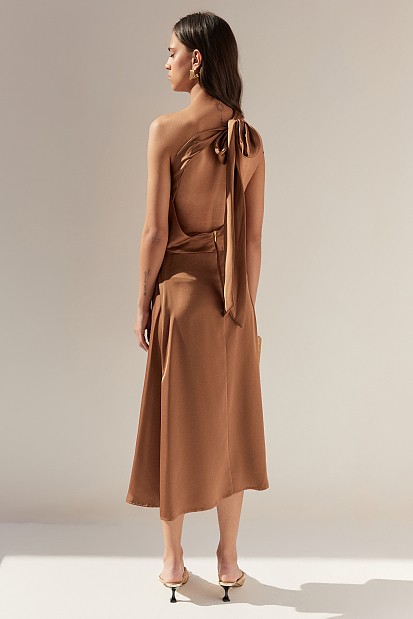 Midi satin asymmetric dress with one shoulder - Gold label