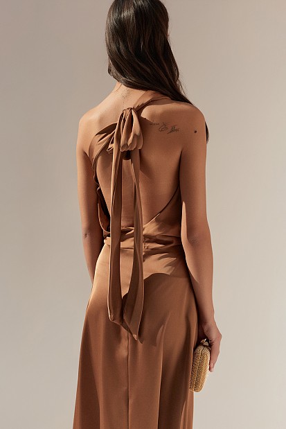 Midi satin asymmetric dress with one shoulder - Gold label