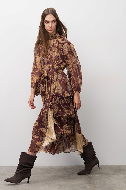 Paisley print midi dress with ruffle details
