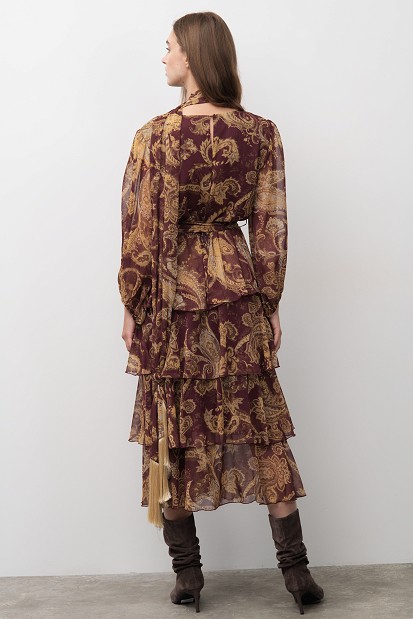 Paisley print midi dress with ruffle details