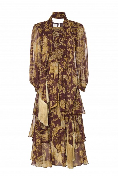Paisley print midi dress with ruffle details