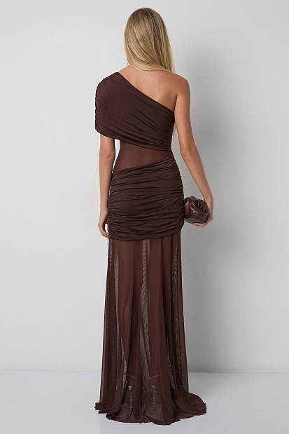 Rochie lungă pe un umăr cu decupaje - Gold label