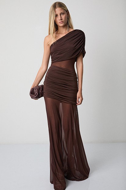 Rochie lungă pe un umăr cu decupaje - Gold label
