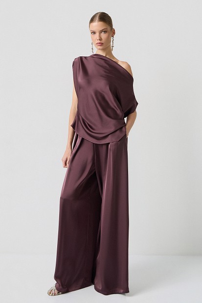 Pantaloni wide leg cu aspect satinat și pliuri - Gold label