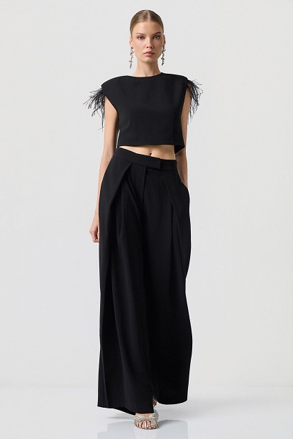Pantaloni wide leg cu talie înaltă și aspect satinat - Gold label