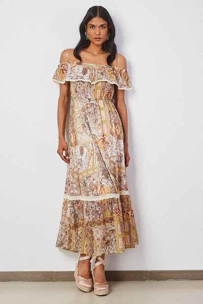 Printed dress with ruffles and lace broderie