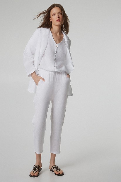 Linen trousers with elasticated waistband
