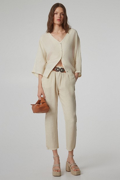 Linen trousers with elasticated waistband