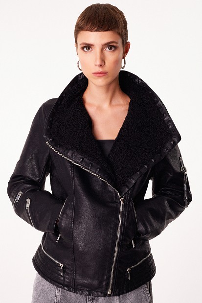 Leather effect jacket with faux fur