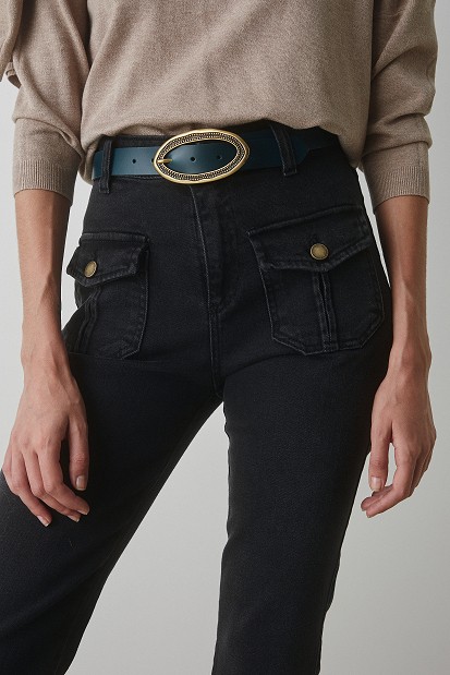 Leather belt with ebossed buckle