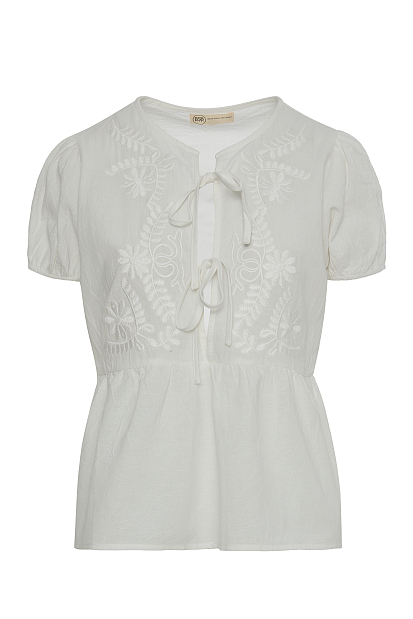 Embroidered blouse with short sleeves and self tie