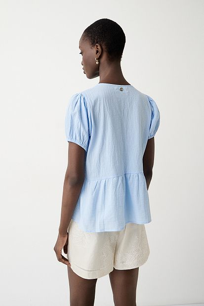 Embroidered blouse with short sleeves and self tie
