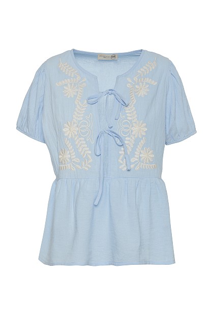 Embroidered blouse with short sleeves and self tie