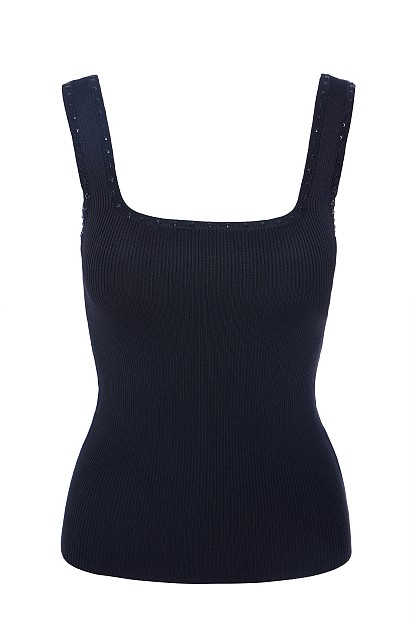 Sleeveless rib top with rhinestones