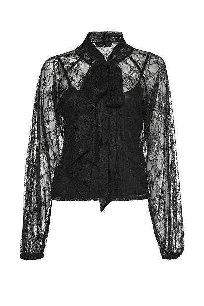 Blouse with lace and self-tie