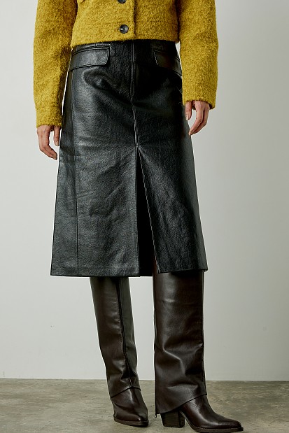 Midi leather look skirt with slit