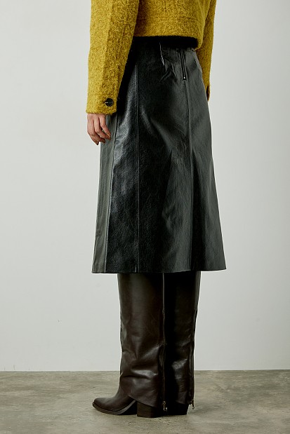 Midi leather look skirt with slit
