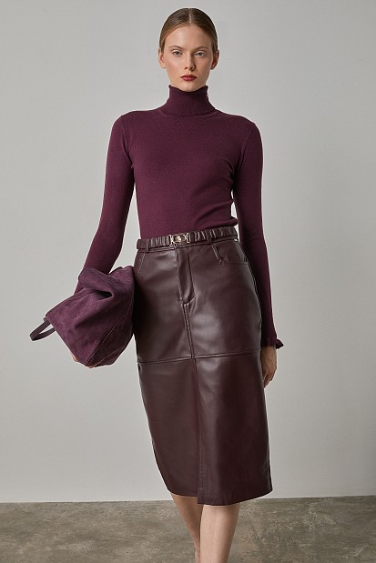 Midi leather look skirt with belt
