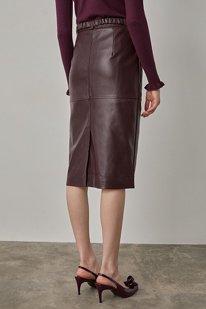 Midi leather look skirt with belt