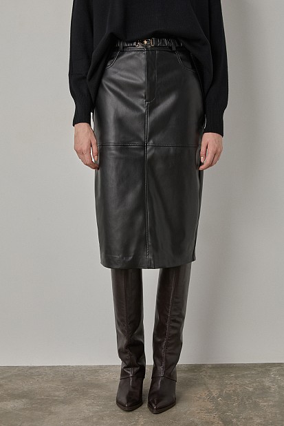 Midi leather look skirt with belt