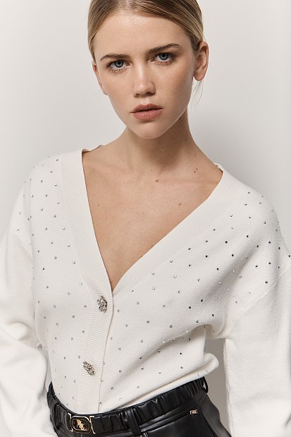 Knitted V-neck cardigan with rhinestones