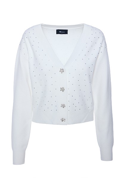 Knitted V-neck cardigan with rhinestones