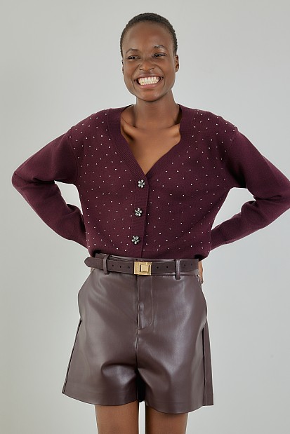 Knitted V-neck cardigan with rhinestones