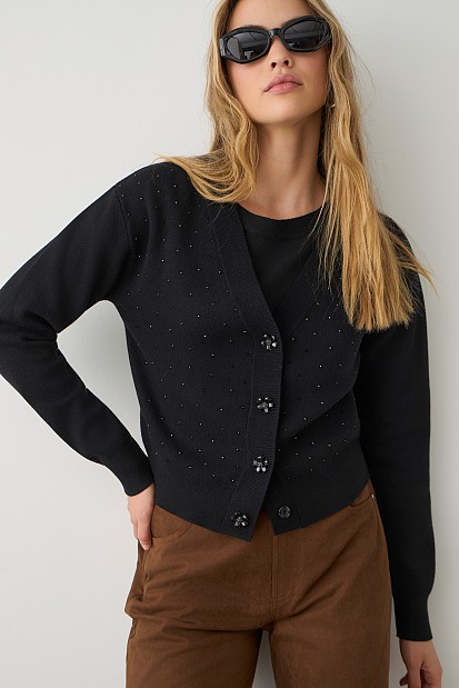 Knitted V-neck cardigan with rhinestones