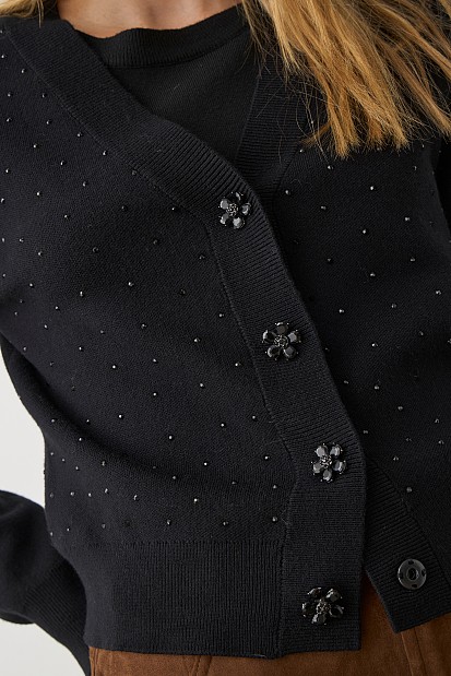 Knitted V-neck cardigan with rhinestones