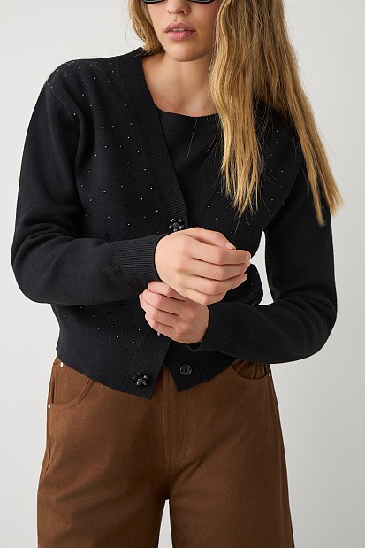 Knitted V-neck cardigan with rhinestones