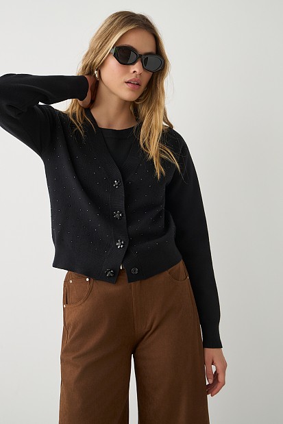Knitted V-neck cardigan with rhinestones