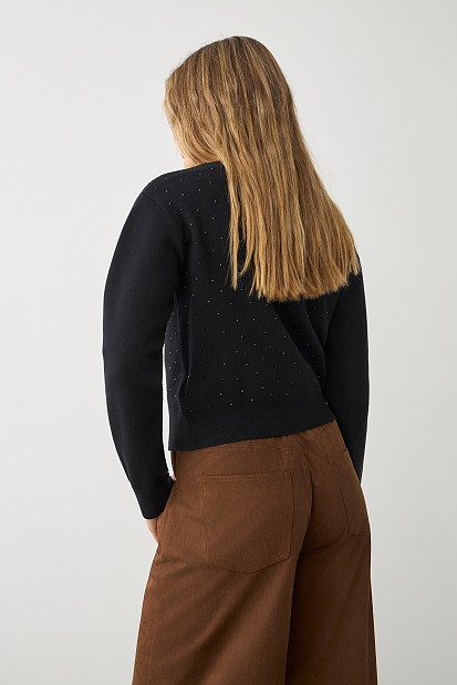 Knitted V-neck cardigan with rhinestones