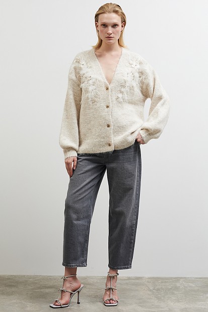 Knitted cardigan with beads and tulle