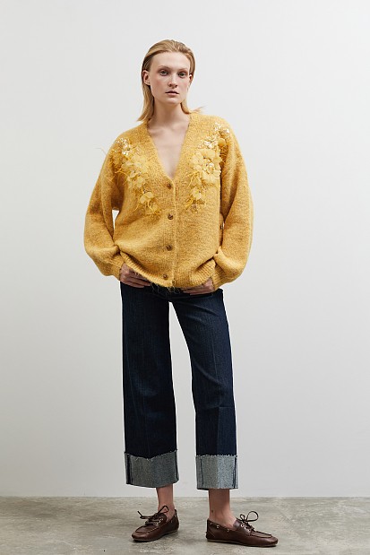 Knitted cardigan with beads and tulle