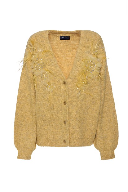 Knitted cardigan with beads and tulle