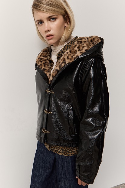 Leather look jacket with leopard fur