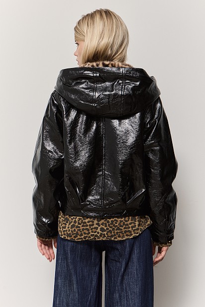 Leather look jacket with leopard fur