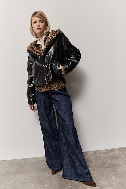 Leather look jacket with leopard fur
