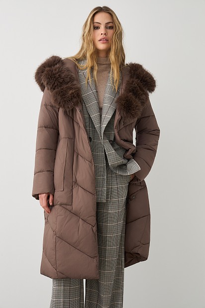 Longline puffer jacket with furry collar