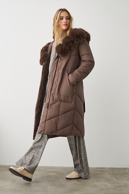 Longline puffer jacket with furry collar