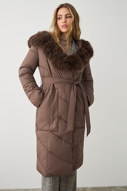 Longline puffer jacket with furry collar