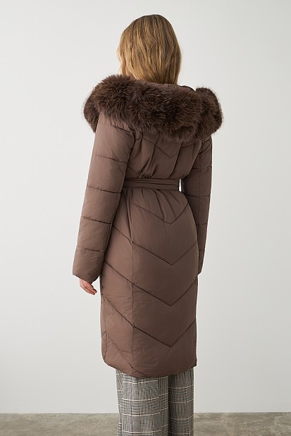 Longline puffer jacket with furry collar