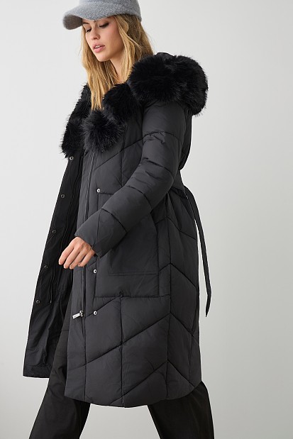 Longline puffer jacket with furry collar