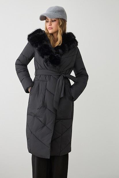 Longline puffer jacket with furry collar
