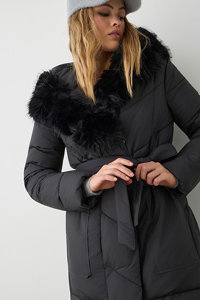 Longline puffer jacket with furry collar