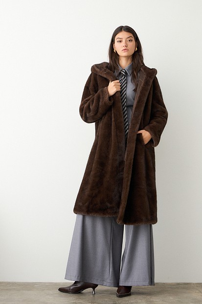 Longline faux fur hooded coat