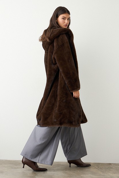 Longline faux fur hooded coat