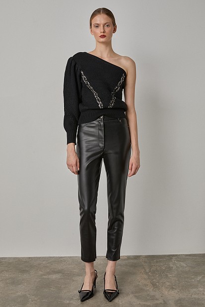 Leather look leggings with button