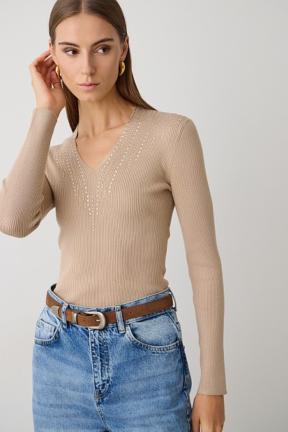V sweater with rhinestones